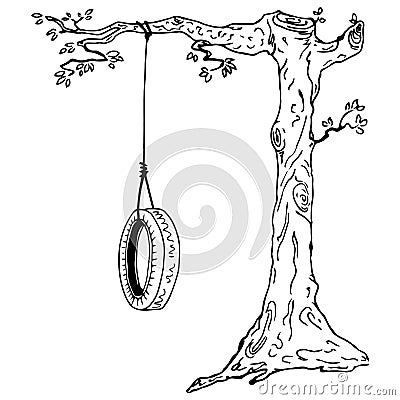 Children`s swing on a tree branch. Hand drawn swing from the car tire. Vector illustration wheel tied to a tree branch Vector Illustration