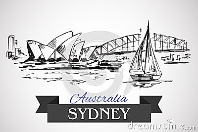 Hand drawn Sydney Opera House and Sydney Harbour Bridge Vector Illustration