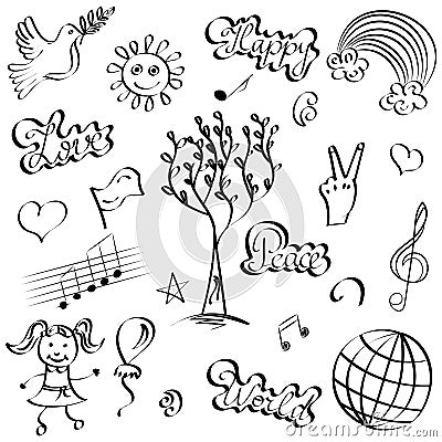 Hand Drawn Symbols of Peace. Doodle Drawings of Dove, Tree, Hearts, Sun, Rainbow. Vector Illustration