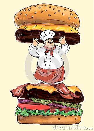 Hand Drawn Tasty Burger and Pro Chef Vector Illustration