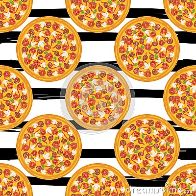 Hand drawn tasty pizza circles vector seamless pattern. Modern stylish repeating fast food service elements background. Isolated Cartoon Illustration