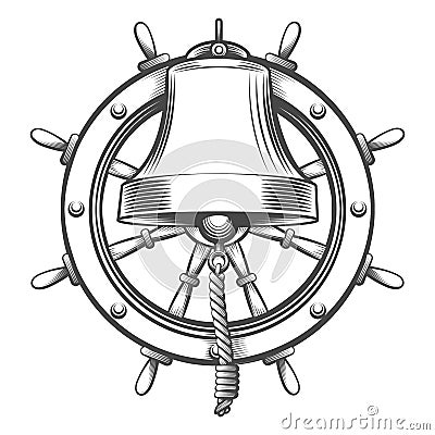 Hand Drawn Tattoo of Ship Bell and Steering Wheel Vector Illustration