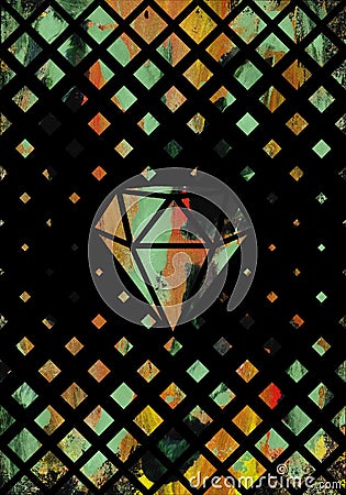 Hand drawn texture composition with green and orange colors on a dark background, with abstract rhombuses Stock Photo