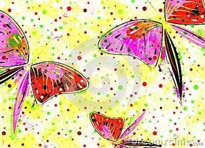 Hand drawn textured artistic background with insect. Creative wallpaper with butterflies in rainbow colors. Stock Photo