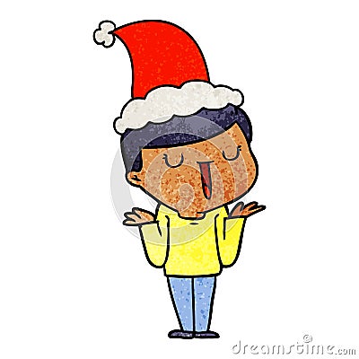 hand drawn textured cartoon of a happy boy with no worries wearing santa hat Vector Illustration