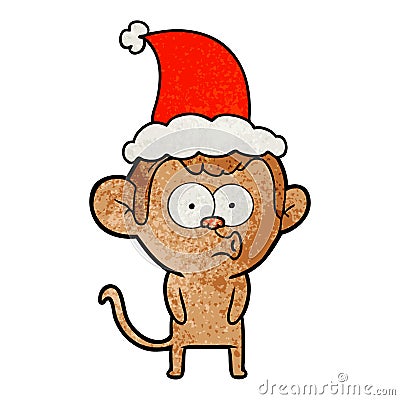 hand drawn textured cartoon of a hooting monkey wearing santa hat Vector Illustration