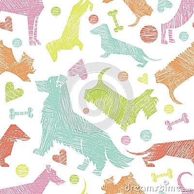 Hand drawn textured dog breeds silhouettes seamless pattern Vector Illustration