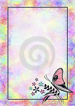 Hand drawn textured floral background with insect. Colorful vintage card with butterfly Stock Photo