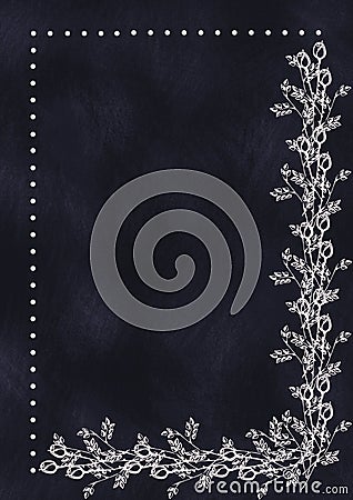 Hand drawn textured floral background in with rose and leaves on the dark blue chalkboard.Template for letter, greeting card. Stock Photo