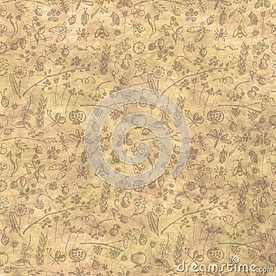 Hand drawn textured floral background. Vintage template with little flowers, leaves, insect, and fruits. Stock Photo