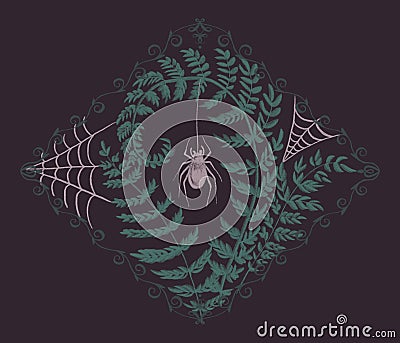Hand drawn textured illustration with gothic aesthetic with spider, fern and web. Cartoon Illustration