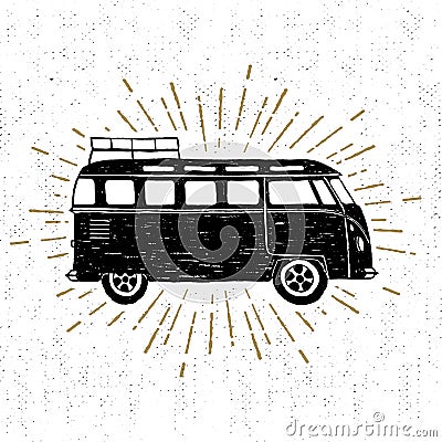 Hand drawn textured vintage icon with minivan vector illustration Vector Illustration