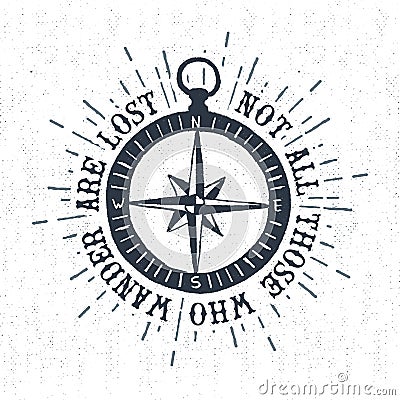 Hand drawn textured vintage label with compass rose vector illustration. Vector Illustration