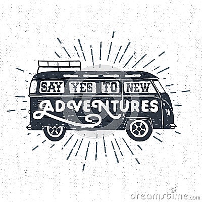 Hand drawn textured vintage label with minivan vector Vector Illustration