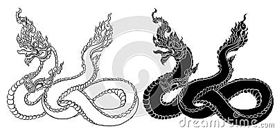 Hand drawn Thai Dragon on water, Line Thai is Thailand Style and Tattoo design Vector Illustration