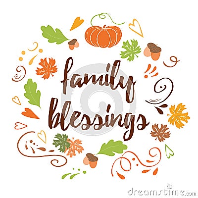 Hand drawn thanksgiving card with pumpkin maple leaves text Family Blessing Vector Illustration