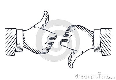 Hand drawn thumbs up and down. Like and unlike business isolated sketch vector symbols Vector Illustration