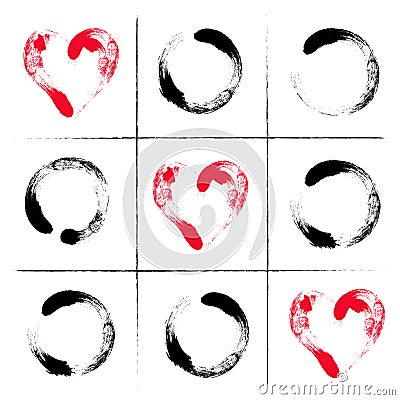 Hand drawn tic tac toe game.Happy Valentines day illustration. Love game. Toe and diagonal of hearts. Hand drawn brush. Vector Illustration