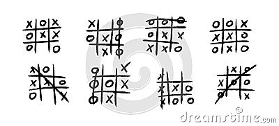 Hand drawn tic tac toe game. X-O children game. Play a tictactoe draw. Noughts and win. Vector illustration in doodle Vector Illustration