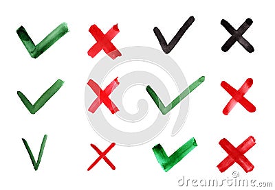 Hand drawn Tick and Cross. Check marks indication for concept yes and no. Vector graphic elements isolated on white background Vector Illustration