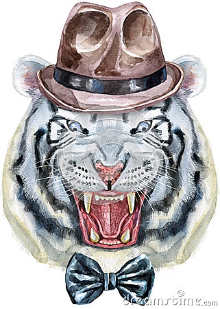 Hand drawn Tiger in brown hat and bow-tie. Watercolor drawing white tiger head, blue eyes Stock Photo