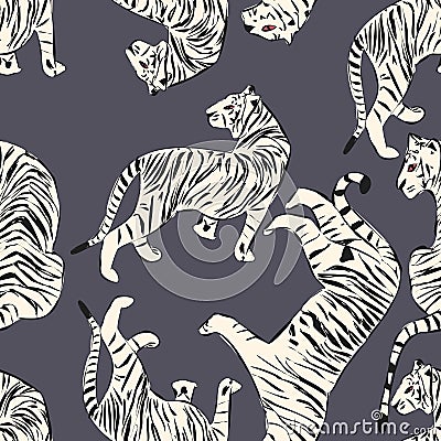 Hand drawn tiger seamless pattern, big cats in different position, white tigers on dark exotic background, flat vector Vector Illustration