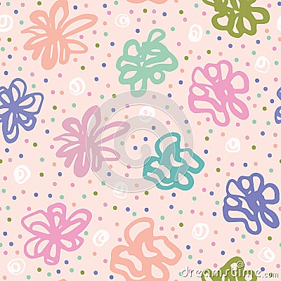 Hand drawn tossed floral pattern. Summer vector seamless background. Trendy feminine illustration. Modern polka dot, 1950s style Cartoon Illustration