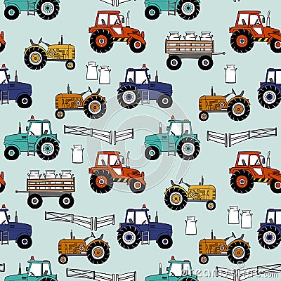 Cute tractors and farm. Vector Illustration