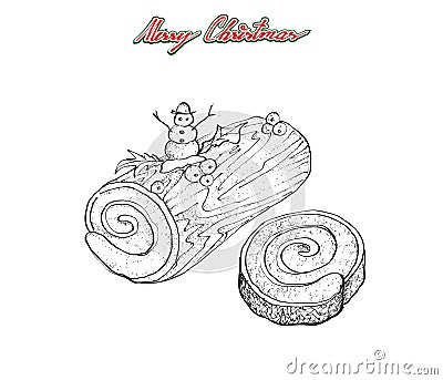 Hand Drawn of Traditional Christmas Cake or Yule Log Cake Vector Illustration