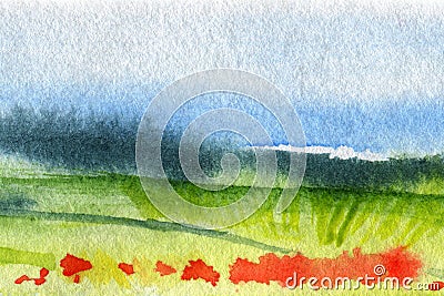 Hand Drawn Traditional Watercolor European Panoramic Landscape Stock Photo