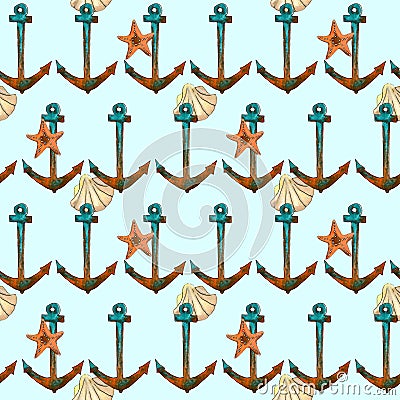 Hand drawn travel seamless pattern with anchor, sea shell, sea star Stock Photo