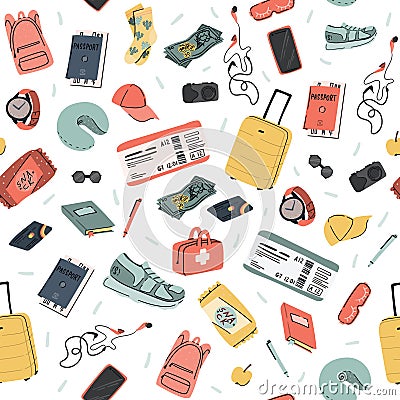 Hand drawn travel seamless pattern. Summer vacation time doodle background. Vector Illustration