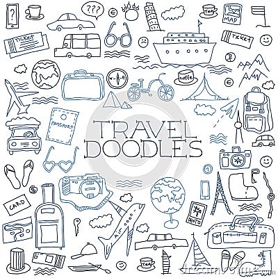 Hand drawn travel, tourism doodles elements vector illustration. Vector Illustration