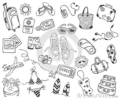 Hand drawn travel, vacation, travel, beach doodle Icons collection on white back Vector Illustration