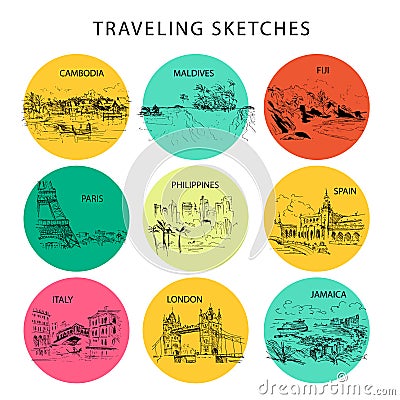 Hand drawn traveling landscape sketch. Vector Illustration