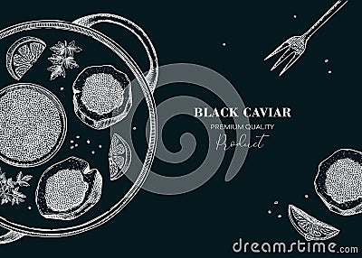 Hand drawn tray with black caviar canape with lemons and spices banner design on chalkboard. Canned seafood sketches. Vector Vector Illustration