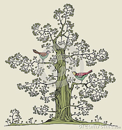 Hand drawn tree with birds Vector Illustration