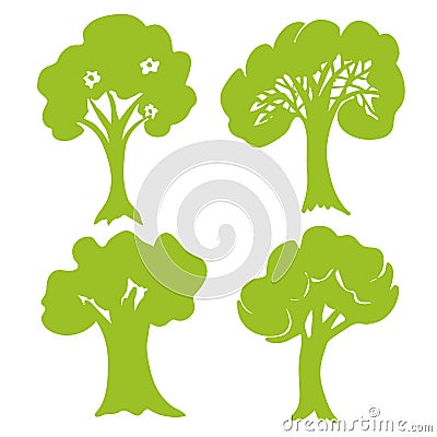 Hand drawn Tree collection. Set of green trees silhouettes isolated on white background. Vector Vector Illustration