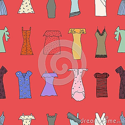 Hand drawn trendy dresses seamless pattern. Fashion dresses with Cartoon Illustration