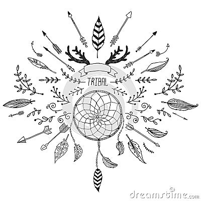 Hand drawn tribal collection with bow and arrows Vector Illustration