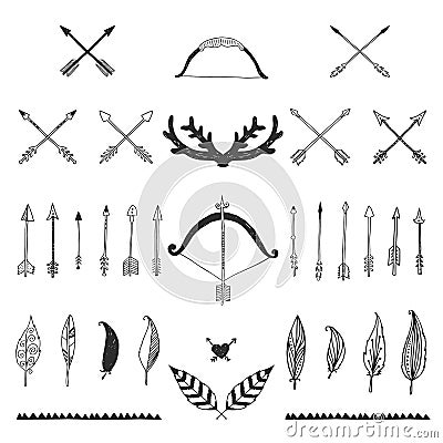 Hand drawn tribal collection with bow and arrows Vector Illustration