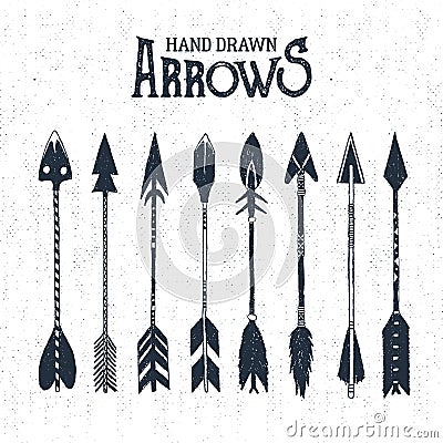 Hand drawn tribal icons set with textured arrows vector illustration. Vector Illustration