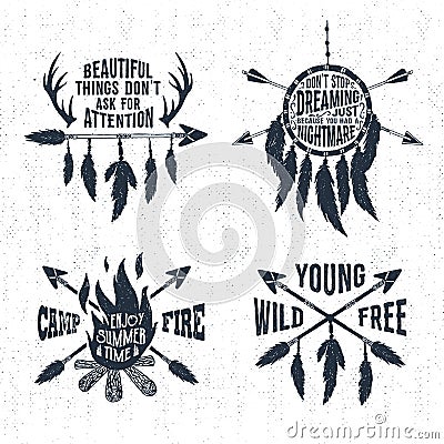 Hand drawn tribal labels set and lettering. Vector Illustration