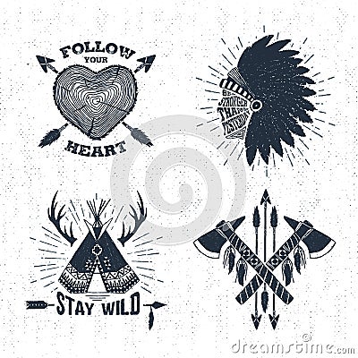 Hand drawn tribal labels set and lettering. Vector Illustration