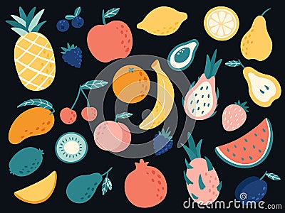 Hand drawn tropical fruits. Organic apple, banana, lemon and pear slices, cherry and mango, watermelon Vector Illustration
