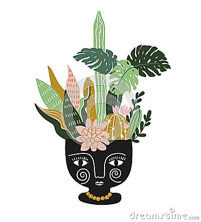 Hand drawn tropical house plants in the ethnic ceramic pot. Scandinavian style vector illustration. Vector Illustration