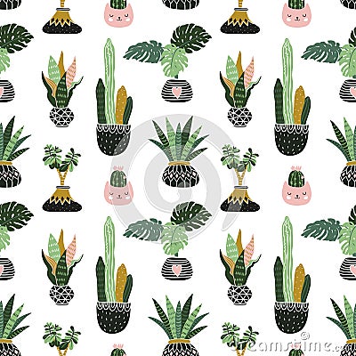 Hand drawn tropical house plants. Scandinavian style illustration, vector seamless pattern for fabric, wallpaper or wrap paper. Vector Illustration