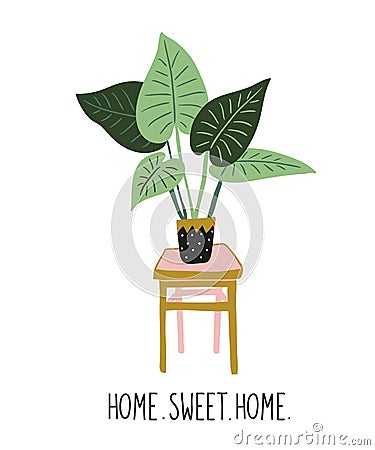 Hand drawn tropical house plants. Scandinavian style vector illustration with alocasia. Vector Illustration