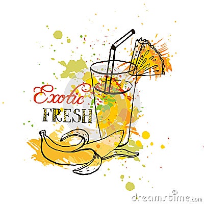Hand drawn tropical juice in glass Vector Illustration