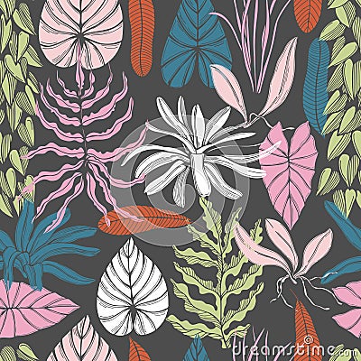 Hand drawn tropical plants. Vector pattern Vector Illustration